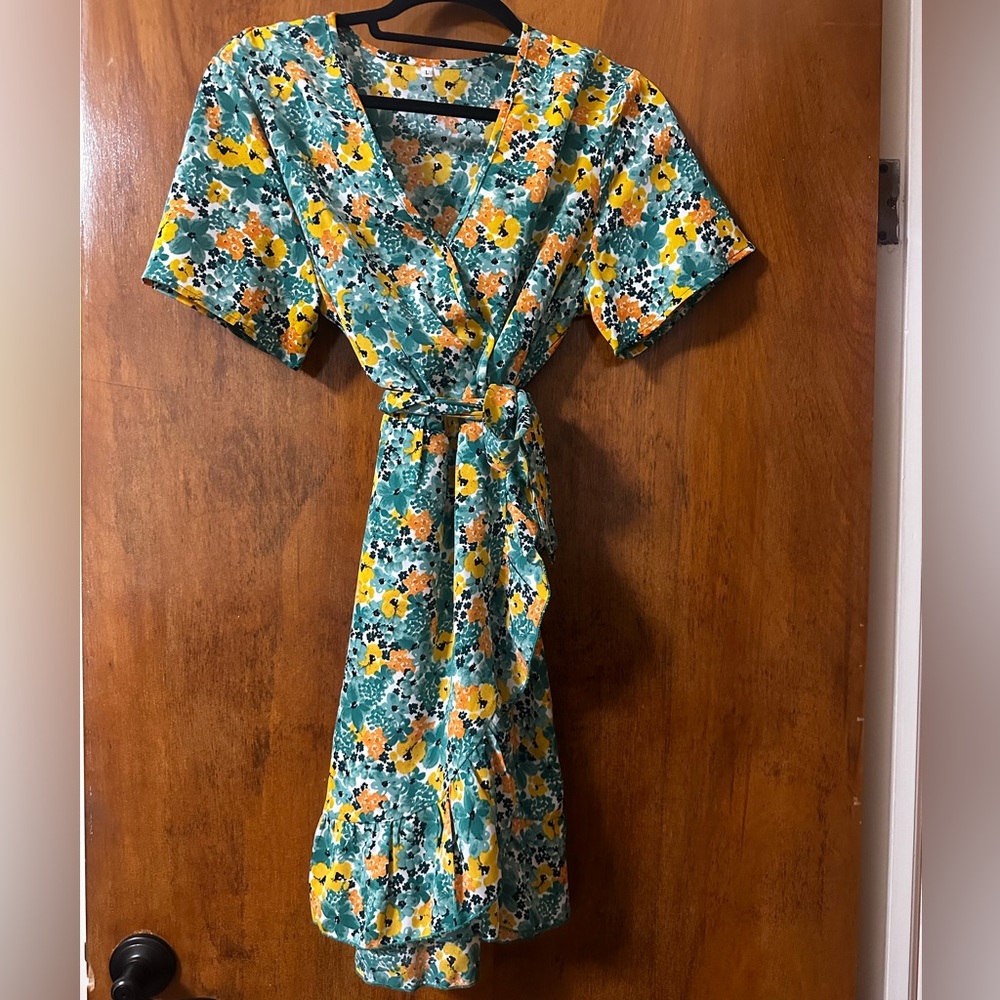 Floral Wrap Mini Dress in Yellow and Green